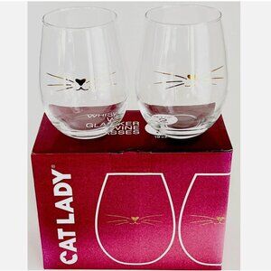 NIB Set of 2 Cat Face Gold Whiskers 19oz Stemless Glass Wine Glasses Cat Lady